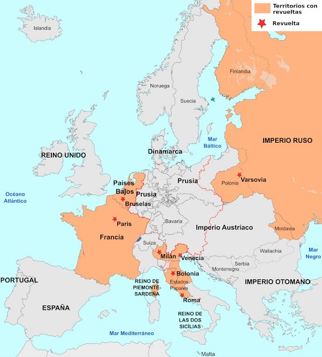 Mapa de Europa: Revoluciones de 1830