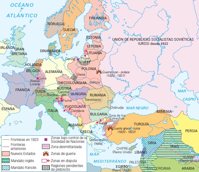 Mapa de Europa y Oriente Medio que muestra la situación territorial en 1919 después de la Primera Guerra Mundial