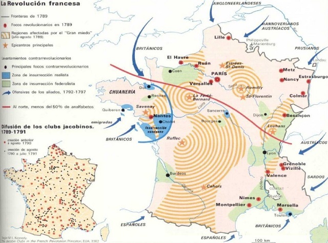 Mapa que muestra el desarrollo de la revolución francesa de 1789 y sus etapas posteriores