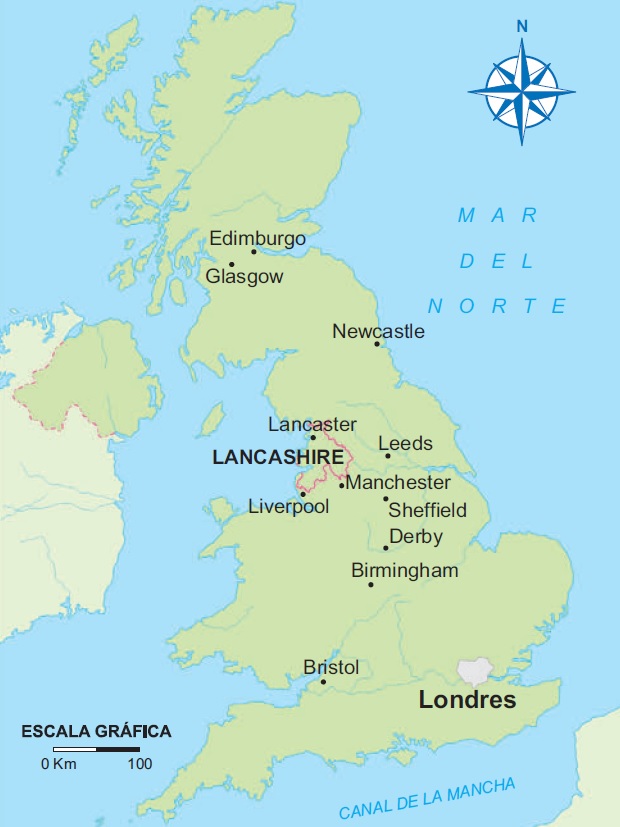 Mapa que muestra la localización de los principales centros industriales británicos a finales del siglo XVIII