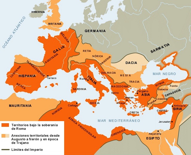  Mapa de la máxima expansión del Imperio Romano alcanzada en la primera mitad del siglo II d.C.
