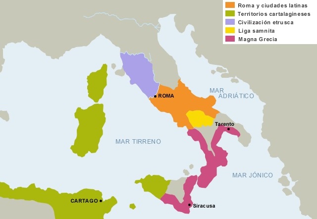 Mapa de la expansión de Roma en el siglo IV a.C.