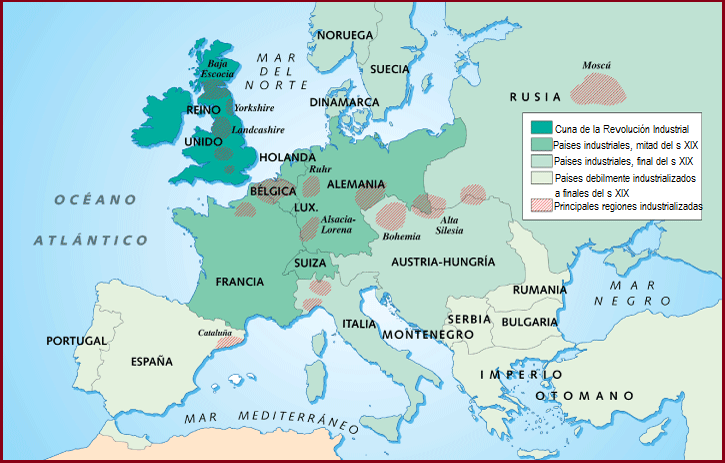 Mapa de la expansión industrial en Europa en el siglo XIX