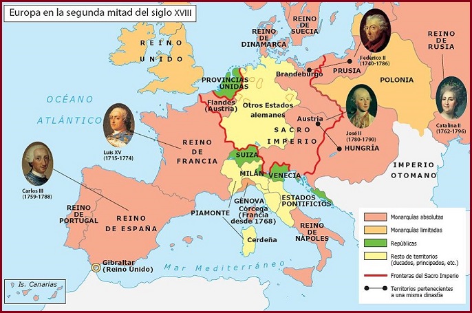 Mapa de las monarquías de Europa en la segunda mitad del siglo XVIII