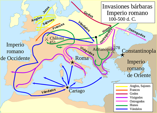 Mapa Invasiones bárbaras, imperio romano año 100 al 500 d.C