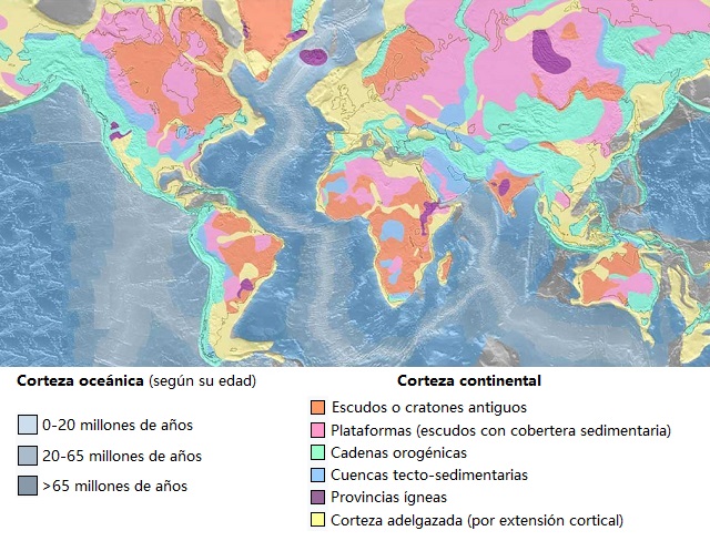 Mapa del mundo o planisferio con las regiones geológicas