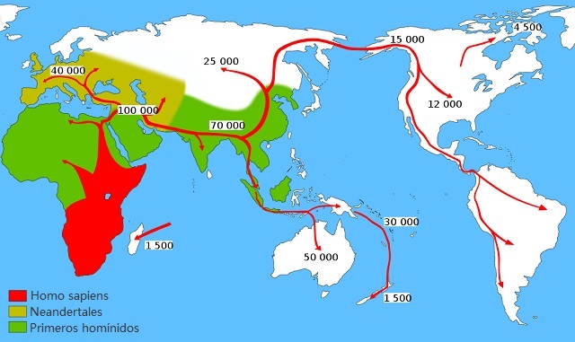 Mapamundi que muestra las primeras migraciones humanas basadas en la teoría Fuera de África.
