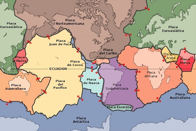 Mapa del mundo o planisferio con las principales placas tectónicas