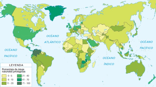 Mapamundi que muestra las áreas protegidas del planeta