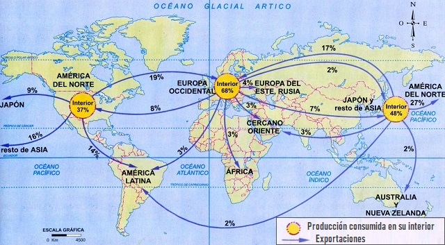 Mapamundi o planisferio con los grandes centros de producción de comercio internacional a finales del siglo XX