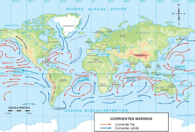 Mapamundi que muestra la dirección de las corrientes marinas en el planeta