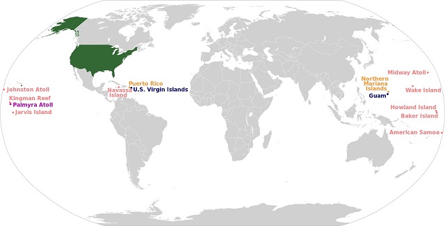 Mapamundi que muestra las dependencias de Estados Unidos