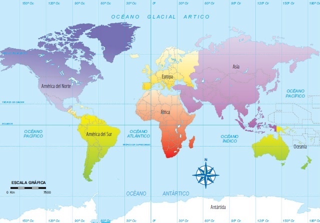 Mapamundi: División política de continentes y océanos