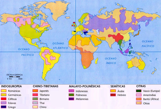 Mapamundi: Familias lingüísticas