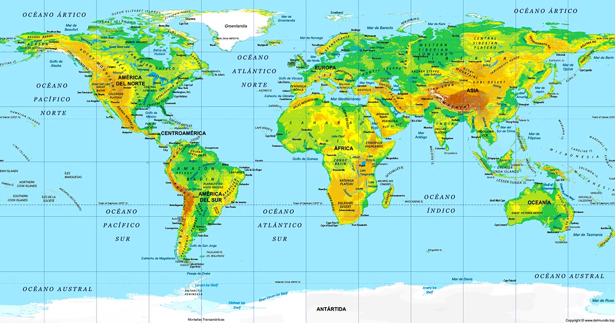 Mapa del mundo o planisferio con sus características físicas