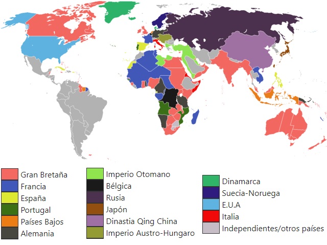 Mapamundi que muestra los imperios coloniales hacia 1898