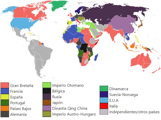 Mapamundi que muestra los imperios coloniales hacia 1898 Mapamundi que muestra los imperios coloniales hacia 1898