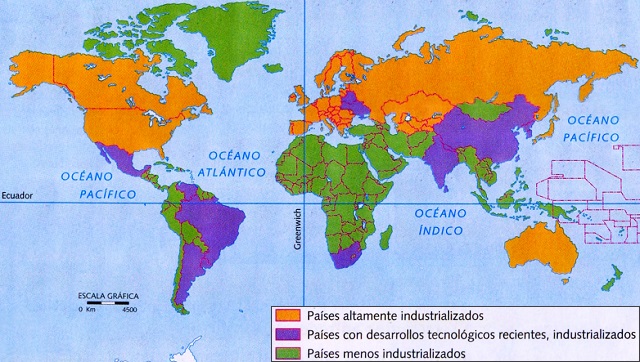 Mapamundi: Desarrollo industrial por países a finales del siglo XX