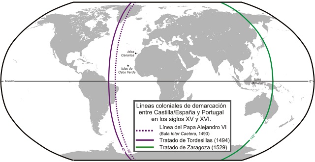 Mapamundi: Líneas coloniales de demarcación entre España y Portugal
