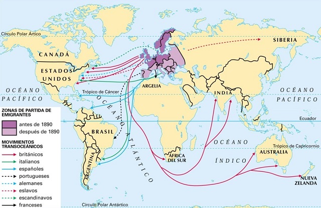 Mapamundi: Migraciones europeas durante la Revolución Industrial