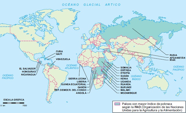 Mapamundi con las regiones que sufren mayor escasez de alimentos en las dos primeras décadas del siglo XXI