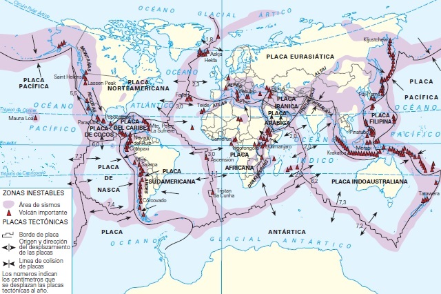 Mapamundi: Placas tectónicas y volcanes