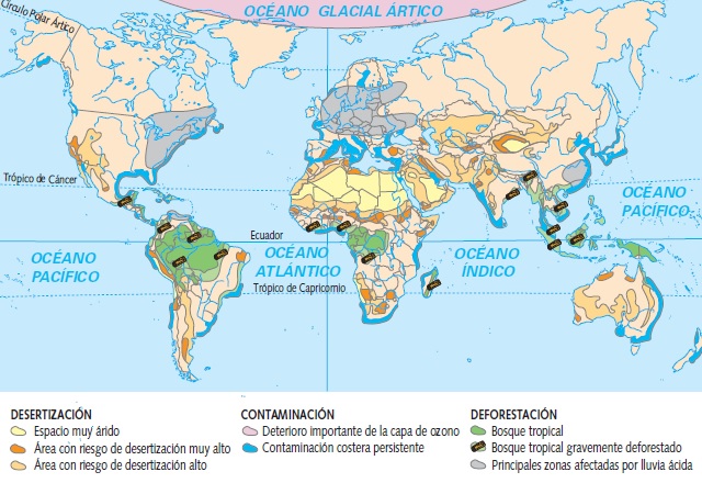 Mapamundi que muestra los principales problemas ambientales del planeta