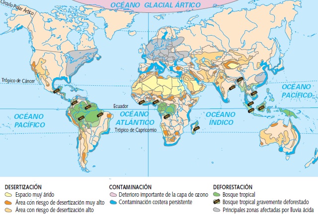 Mapamundi que muestra los principales problemas ambientales del planeta Mapamundi que muestra los principales problemas ambientales del planeta