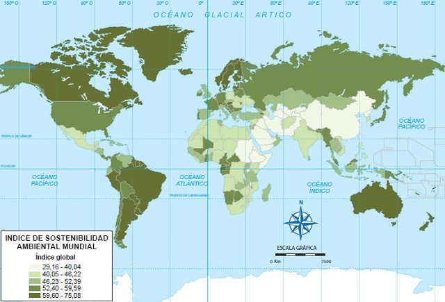 Mapamundi que muestra el Índice de Sostenibilidad Ambiental (ESI) por país Mapamundi que muestra el Índice de Sostenibilidad Ambiental (ESI) por país