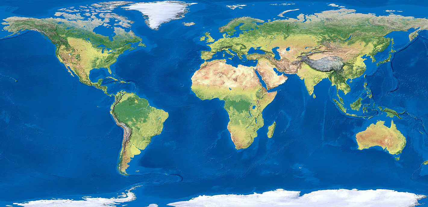 Mapa topográfico del planeta Tierra que distingue sus principales accidentes geográficos