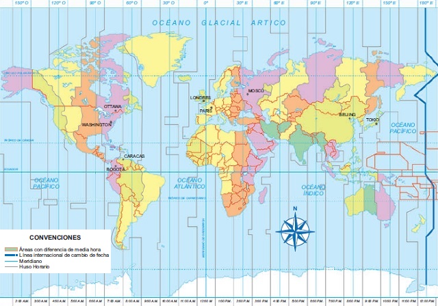 Mapamundi o planisferio que muestra las zonas horarias en la Tierra