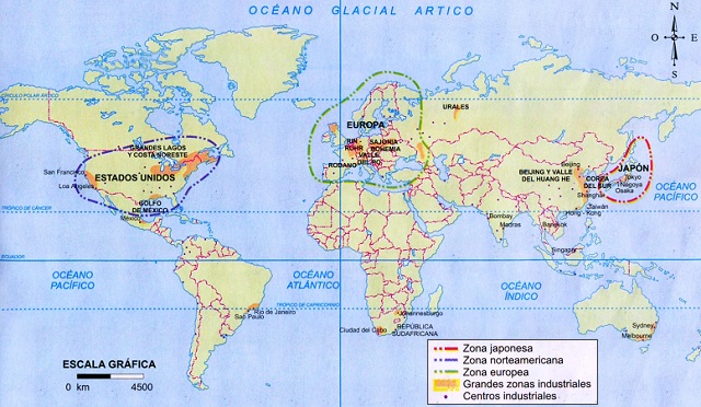 Mapamundi o planisferio con las principales zonas industriales a finales del siglo XX