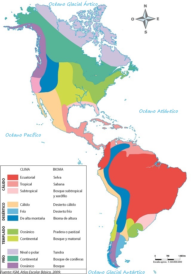 Mapa de los climas y biomas del continente americano