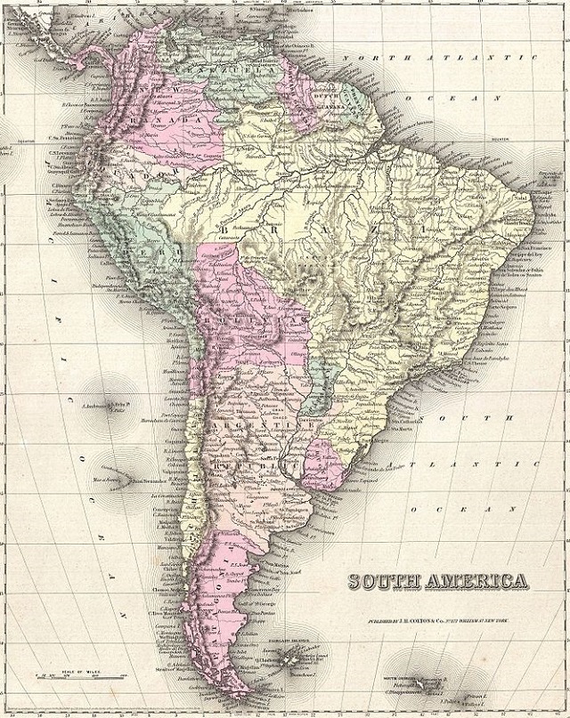 Mapa de América del Sur en 1855