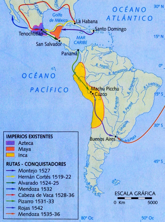 Mapa de América: Rutas de Conquista española