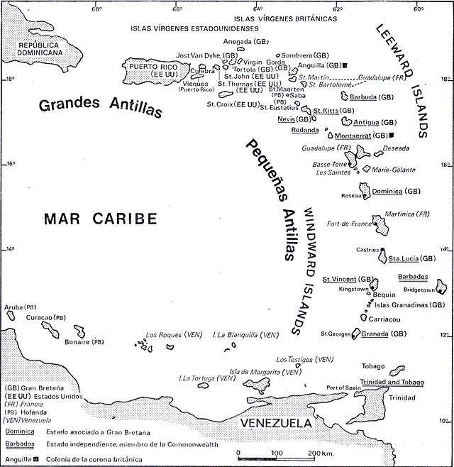 Mapa de las Antillas Menores en el Mar Caribe