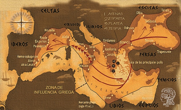 Mapa que muestra la expansión griega entre los siglos VIII y VII a.C.