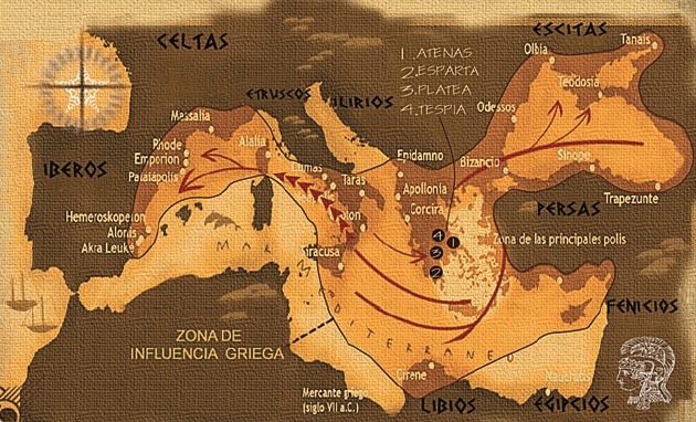 Mapa que muestra la expansión griega entre los siglos VIII y VII a.C. Mapa que muestra la expansión griega entre los siglos VIII y VII a.C.