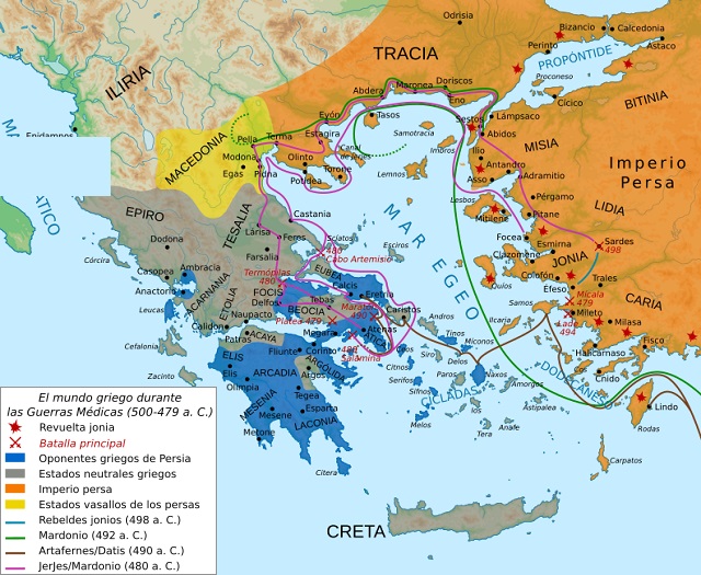 Mapa que muestra el desarrollo de las guerras médicas