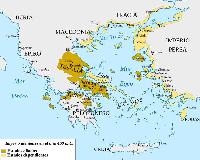 Mapa del Imperio Ateniense hacia el 450 a.C.