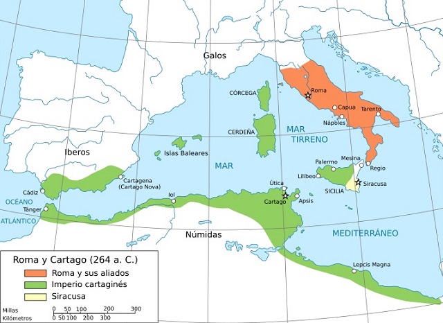 Mapa de Roma y Cartago en el 264 a.C.