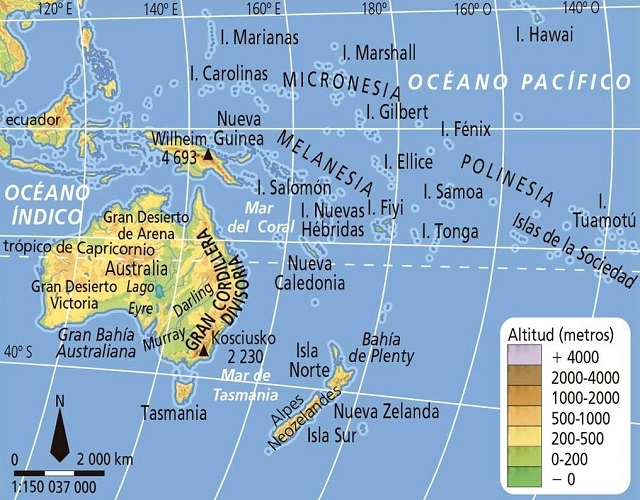 Mapa físico de Oceanía