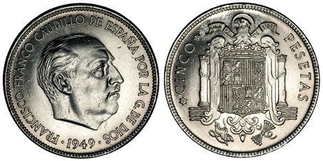 Moneda de 5 pesetas acuñada en 1949. En el anverso la efigie del general Franco