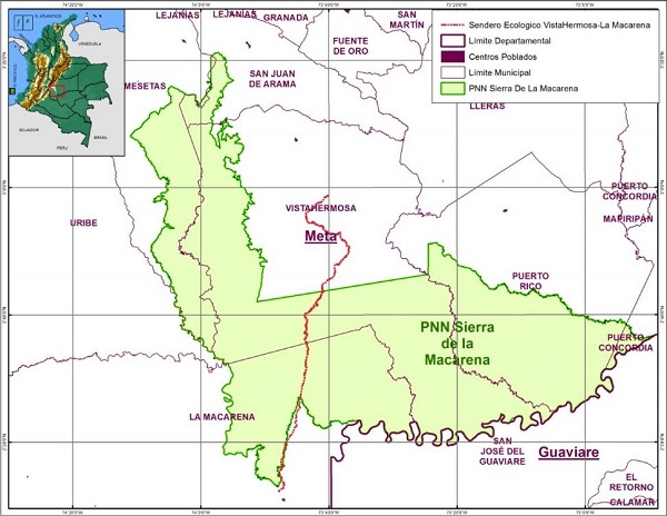 Mapa de la ubicación geográfica del Parque Nacional Natural Sierra de La Macarena